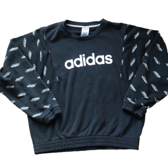 Adidas Linear Fav Core All Over Print Pullover Sweatshirt Sz M  Black White - Picture 3 of 7